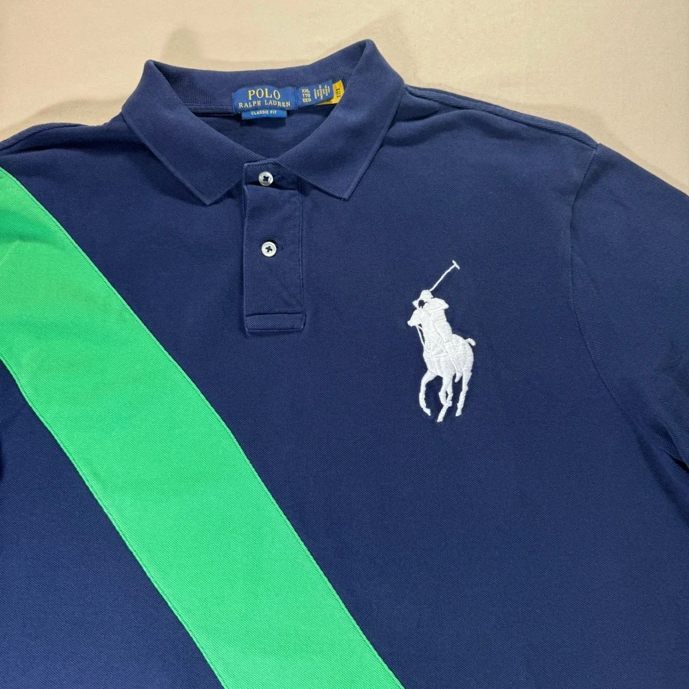Polo Ralph Lauren Men's Big Pony Polo Shirt Navy Blue Green Stripe‎ Rugby XXL - Picture 9 of 15